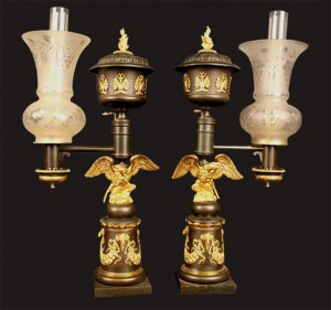 Matched pair of opposing Federal argand lamps, signed Messenger, 21 inches tall. Stevens Auction Co. image